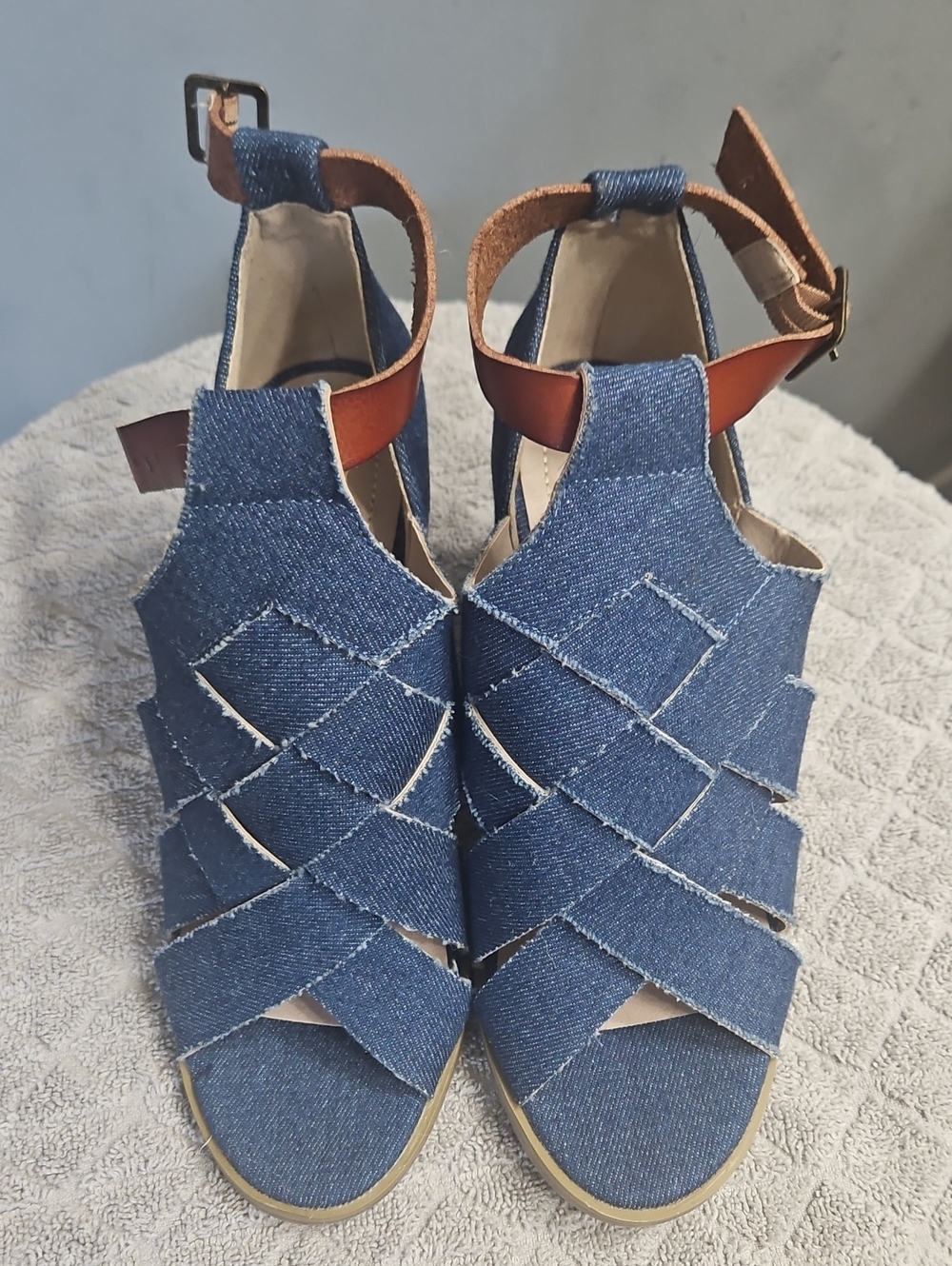 Denim Woven Chunk Sole Sandals with Brown Ankle Strap